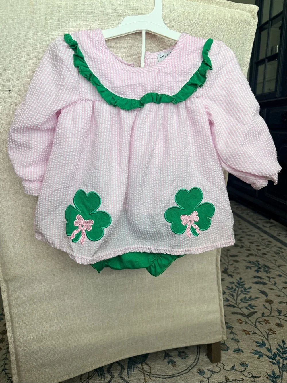 Girls' Pink and Green Clover Matching Set - Cute Ruffle Collar